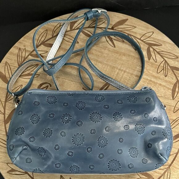 Brighton Small Leather Crossbody Teal Blue Silver Metallic Flower Embossed - Picture 5 of 11